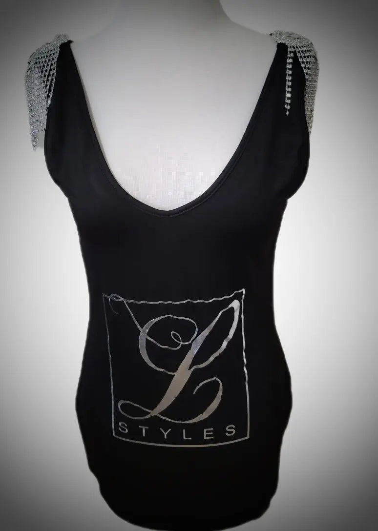 L.Styles' Black Fringe Shoulder Bodycon Dress Black /Silver / 2X L.Styles' Black Fringe Shoulder Bodycon Dress Black /Silver / 2X