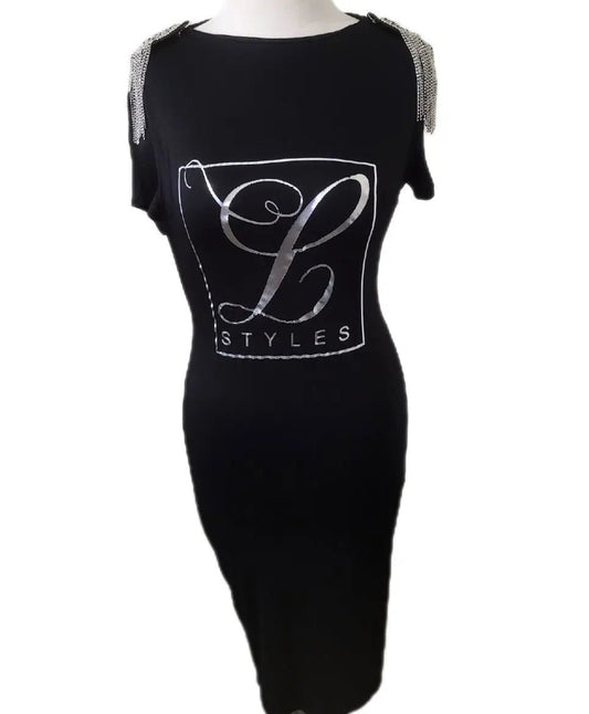 L.Styles' Black Round Neck Fringe Shoulder Midi Dress L.Signature Collection by L.Styles