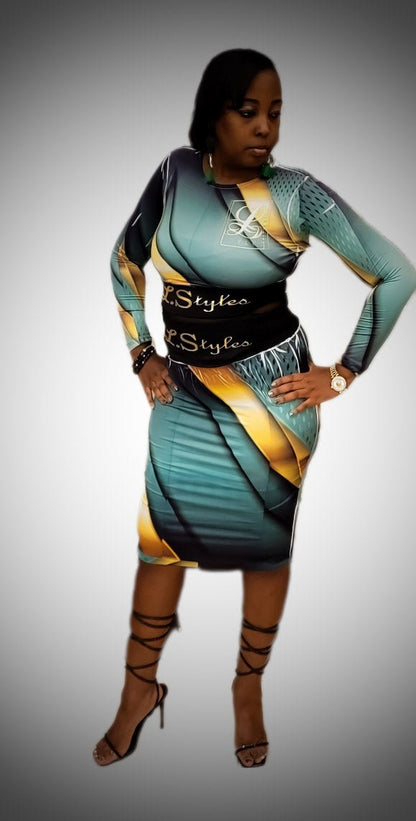 L.Styles' Green Marble 2pc. Long Sleeve Crop Top Skirt Set L.Signature Collection by L.Styles