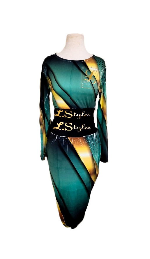 L.Styles' Green Marble 2pc. Long Sleeve Crop Top Skirt Set L.Signature Collection by L.Styles