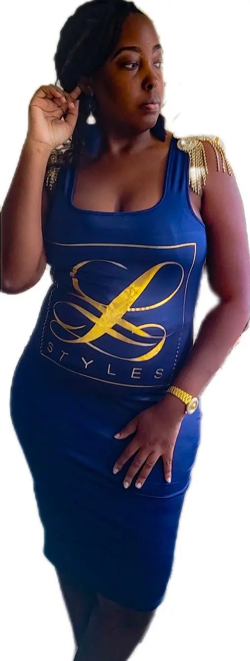 L.Styles Navy Blue Bodycon Dress with Fringe Shoulders L.Signature Collection by L.Styles