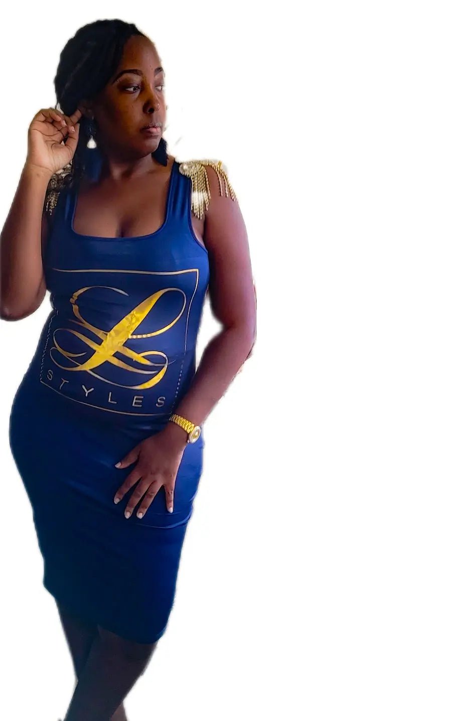 L.Styles Navy Blue Bodycon Dress with Fringe Shoulders L.Signature Collection by L.Styles