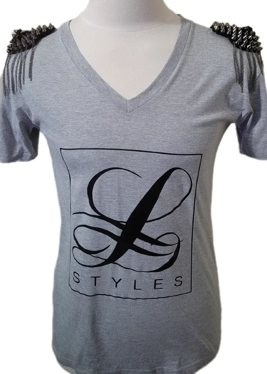 L.Styles' Women's Gray Fringe Shoulder T-Shirt L.Signature Collection by L.Styles