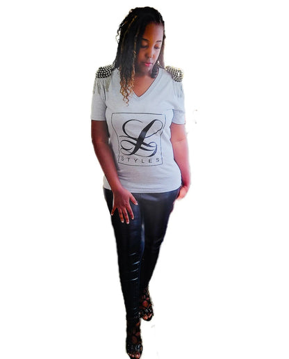 L.Styles' Women's Gray Fringe Shoulder T-Shirt L.Signature Collection by L.Styles