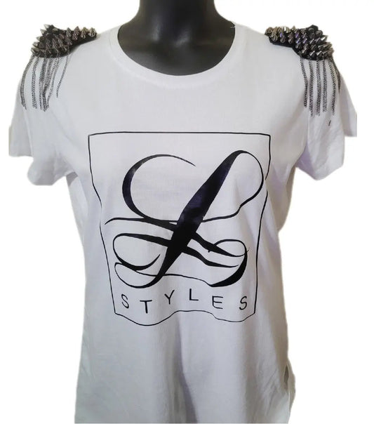 L.Styles' Women's White Fringe Shoulder T-Shirt L.Signature Collection by L.Styles