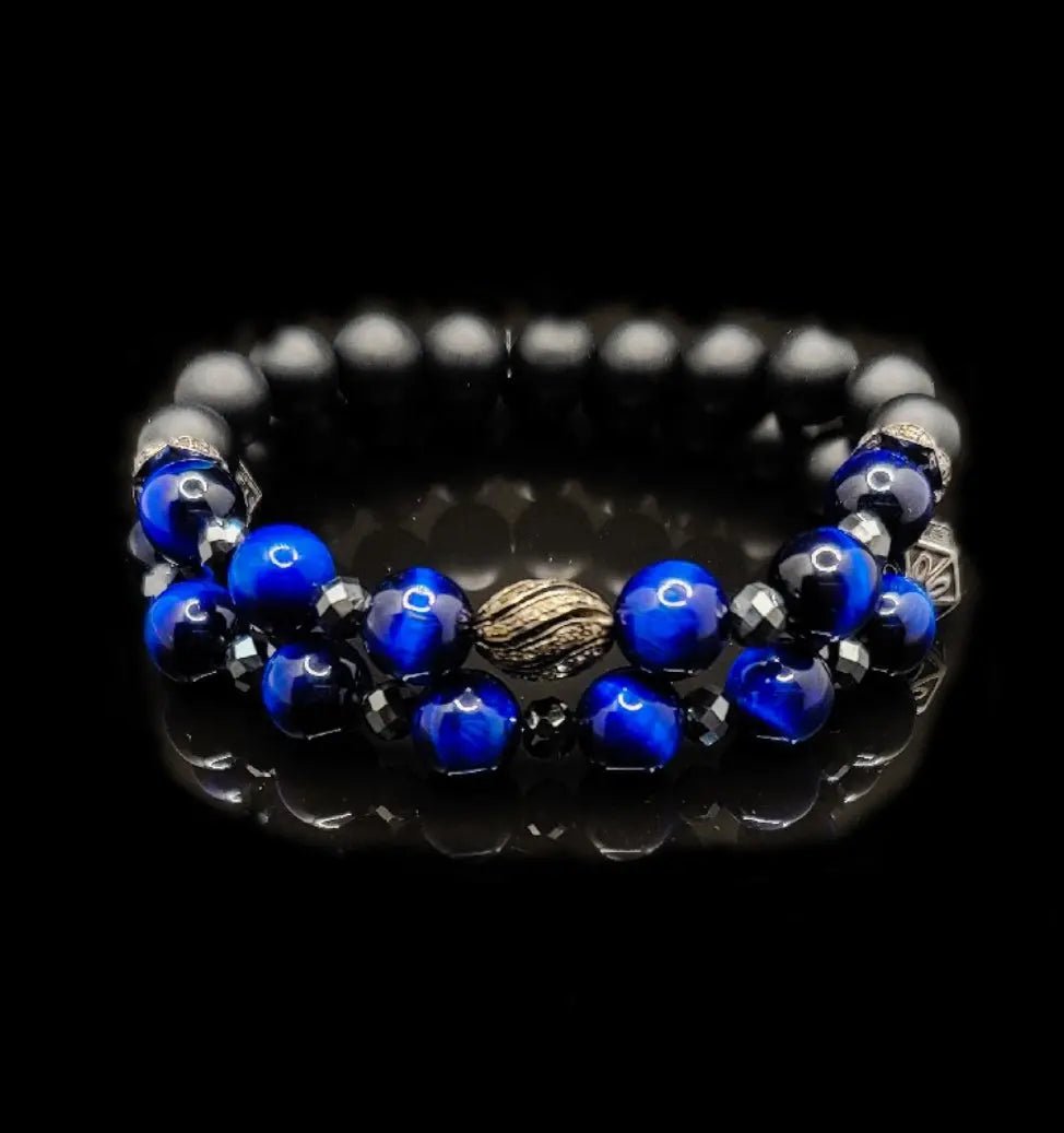 Men's Blue Tiger Eye and Black Diamonds bracelet set L.Signature Collection by L.Styles