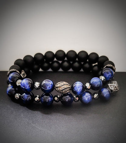 Men's Blue Tiger Eye and Black Diamonds bracelet set L.Signature Collection by L.Styles