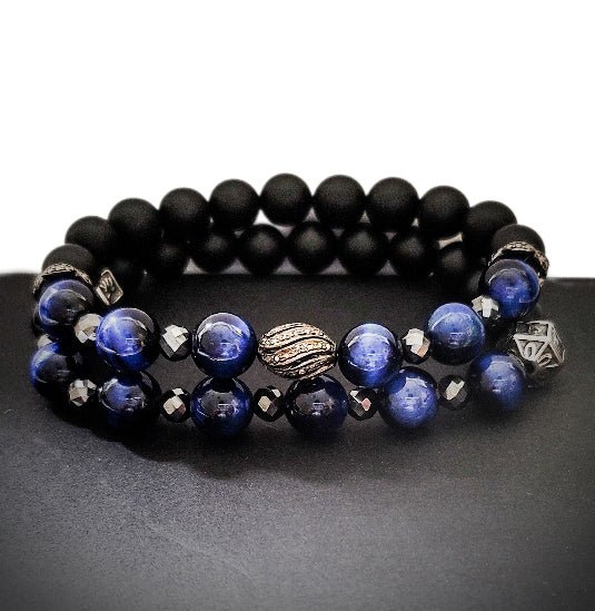 Men's Blue Tiger Eye and Black Diamonds bracelet set L.Signature Collection by L.Styles