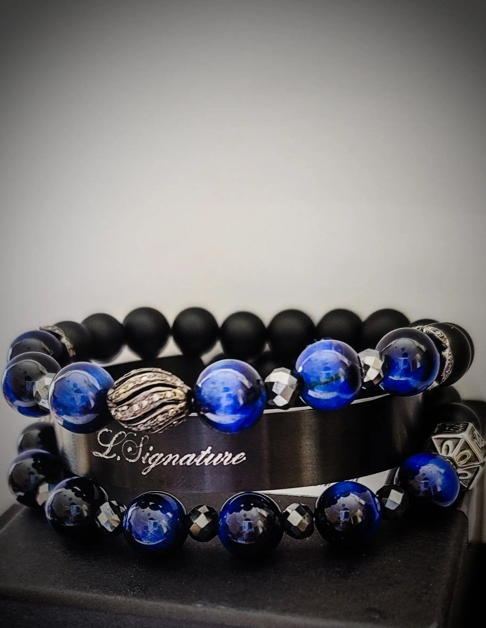 Men's Blue Tiger Eye and Black Diamonds bracelet set L.Signature Collection by L.Styles