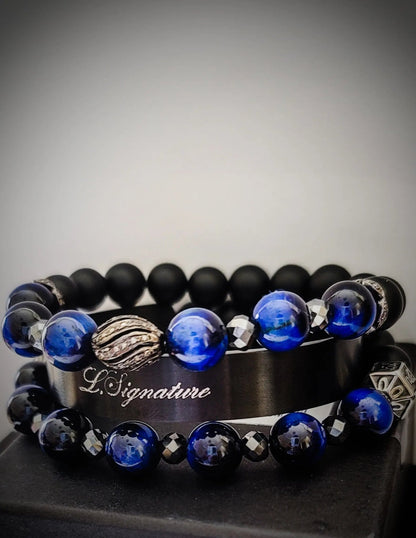 Men's Blue Tiger Eye and Black Diamonds bracelet set L.Signature Collection by L.Styles