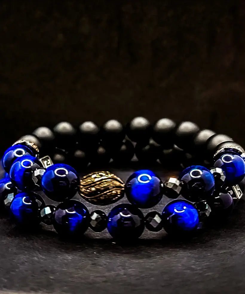 Men's Blue Tiger Eye and Black Diamonds bracelet set L.Signature Collection by L.Styles