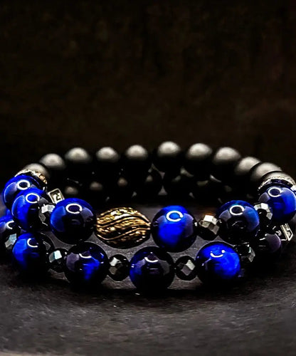 Men's Blue Tiger Eye and Black Diamonds bracelet set L.Signature Collection by L.Styles