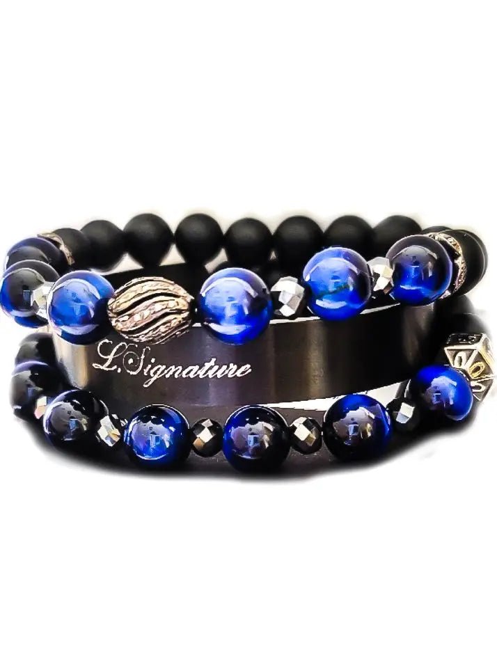 Men's Blue Tiger Eye and Black Diamonds bracelet set L.Signature Collection by L.Styles