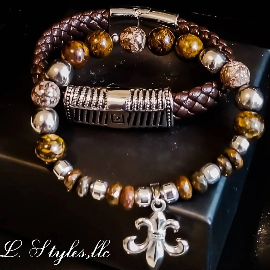 Men's Bronzite and Silver Hematite Bracelet set L.Signature Collection