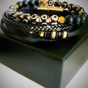 Men's " Bulls Eye" Dzi Agate Bracelet set L.Signature Collection