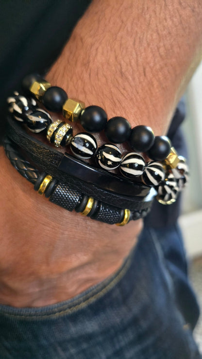 Men's Natural Tibetan Agate and Onyx Bracelet set - L.Signature Collection by L.Styles