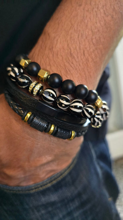 Men's Natural Tibetan Agate and Onyx Bracelet set - L.Signature Collection by L.Styles