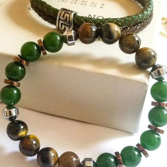 Men's Tiger and Green Jasper Leather Bracelet Set L.Signature Collection