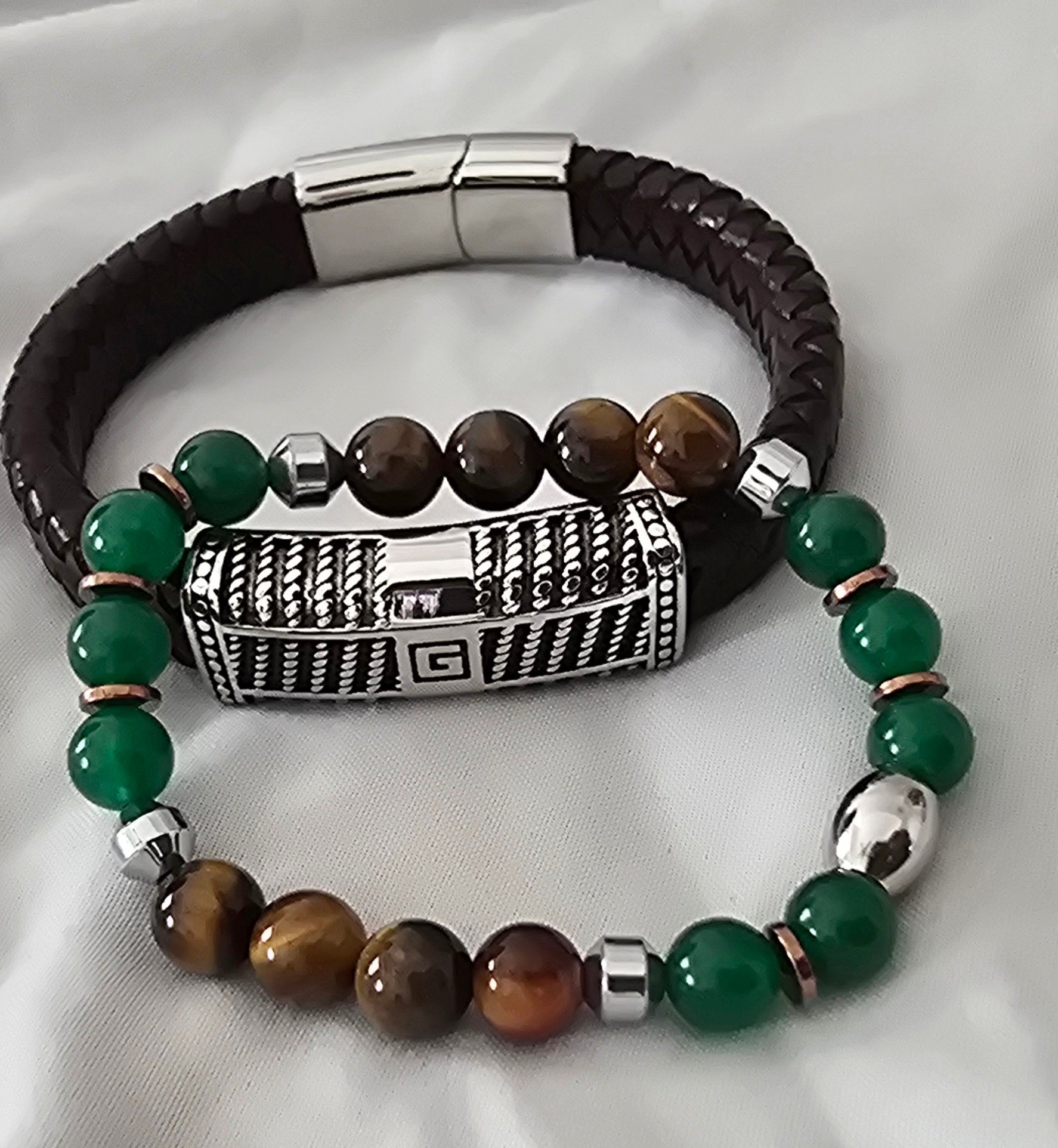Men's Tiger and Green Jasper Leather Bracelet Set - L.Signature Collection by L.Styles