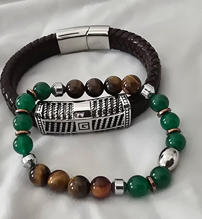 Men's Tiger and Green Jasper Leather Bracelet Set - L.Signature Collection by L.Styles