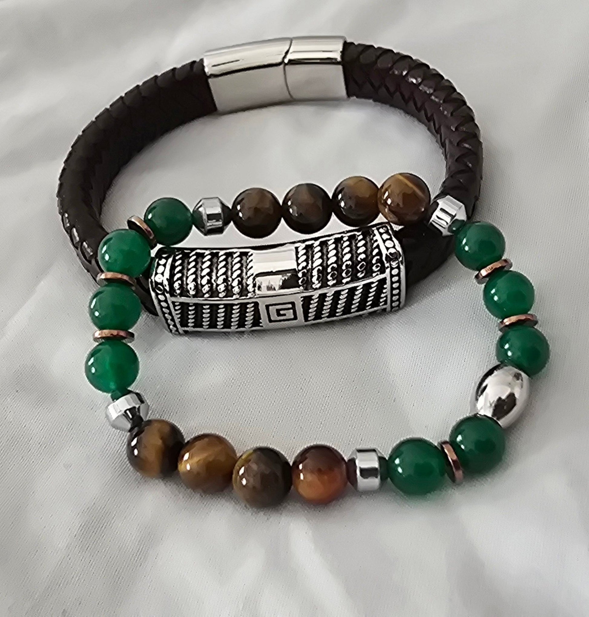 Men's Tiger and Green Jasper Leather Bracelet Set - L.Signature Collection by L.Styles