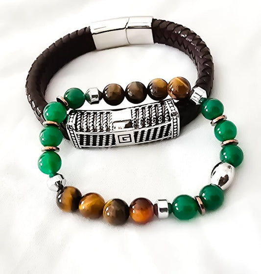 Men's Tiger and Green Jasper Leather Bracelet Set - L.Signature Collection by L.Styles