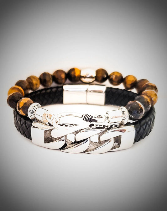 Men's Tiger Eye and Leather Bracelet Se L.Signature Collection