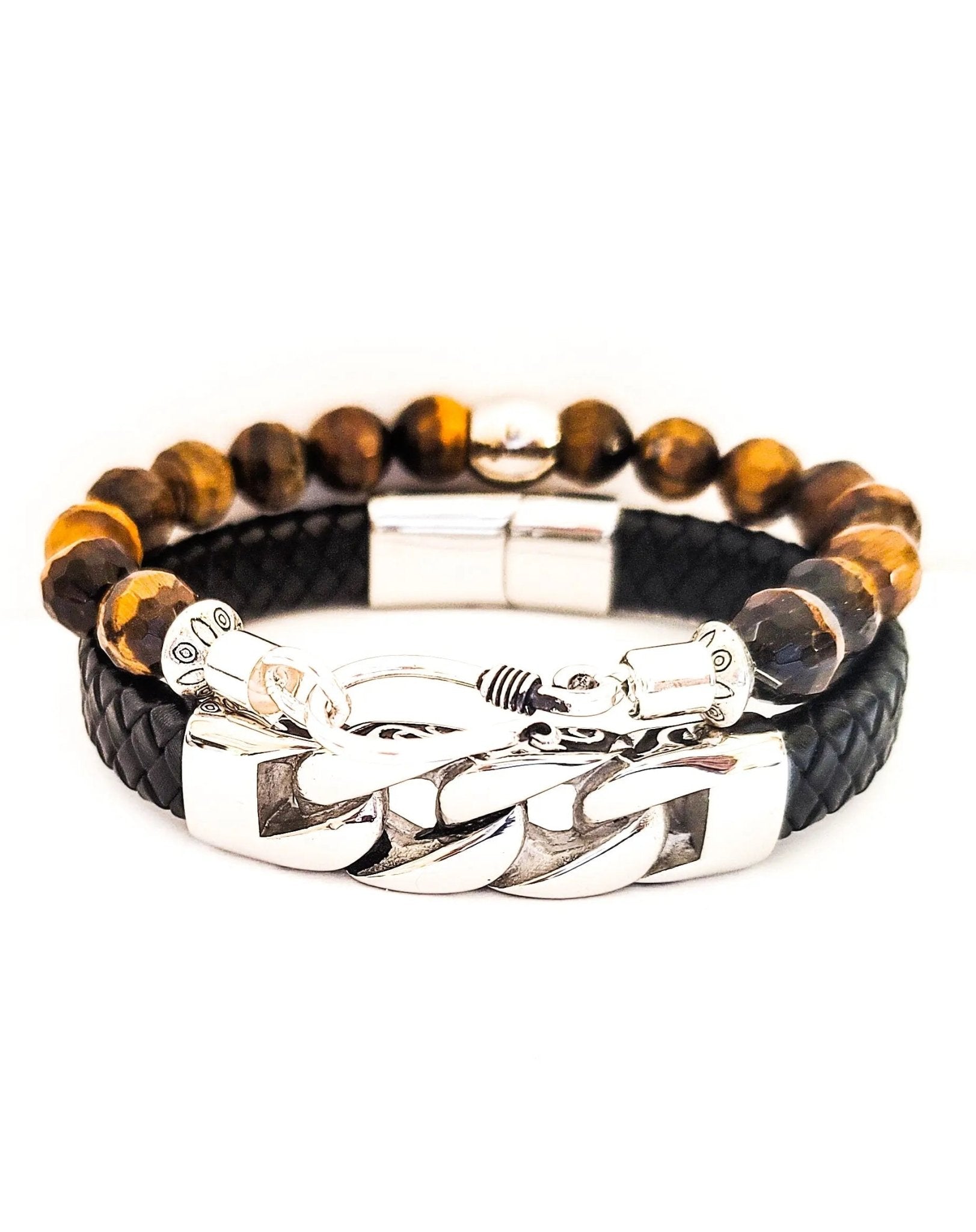 Men's Tiger Eye and Leather Bracelet Se L.Signature Collection