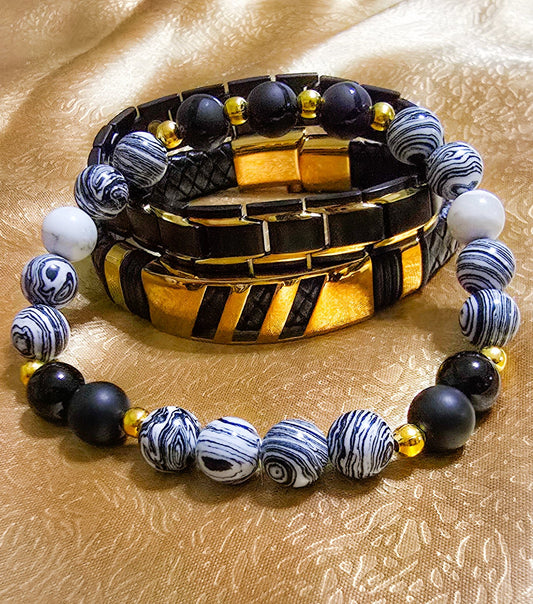 Men's White Malachite and Onyx 3pc. Bracelet set L.Signature Collection by L.Styles