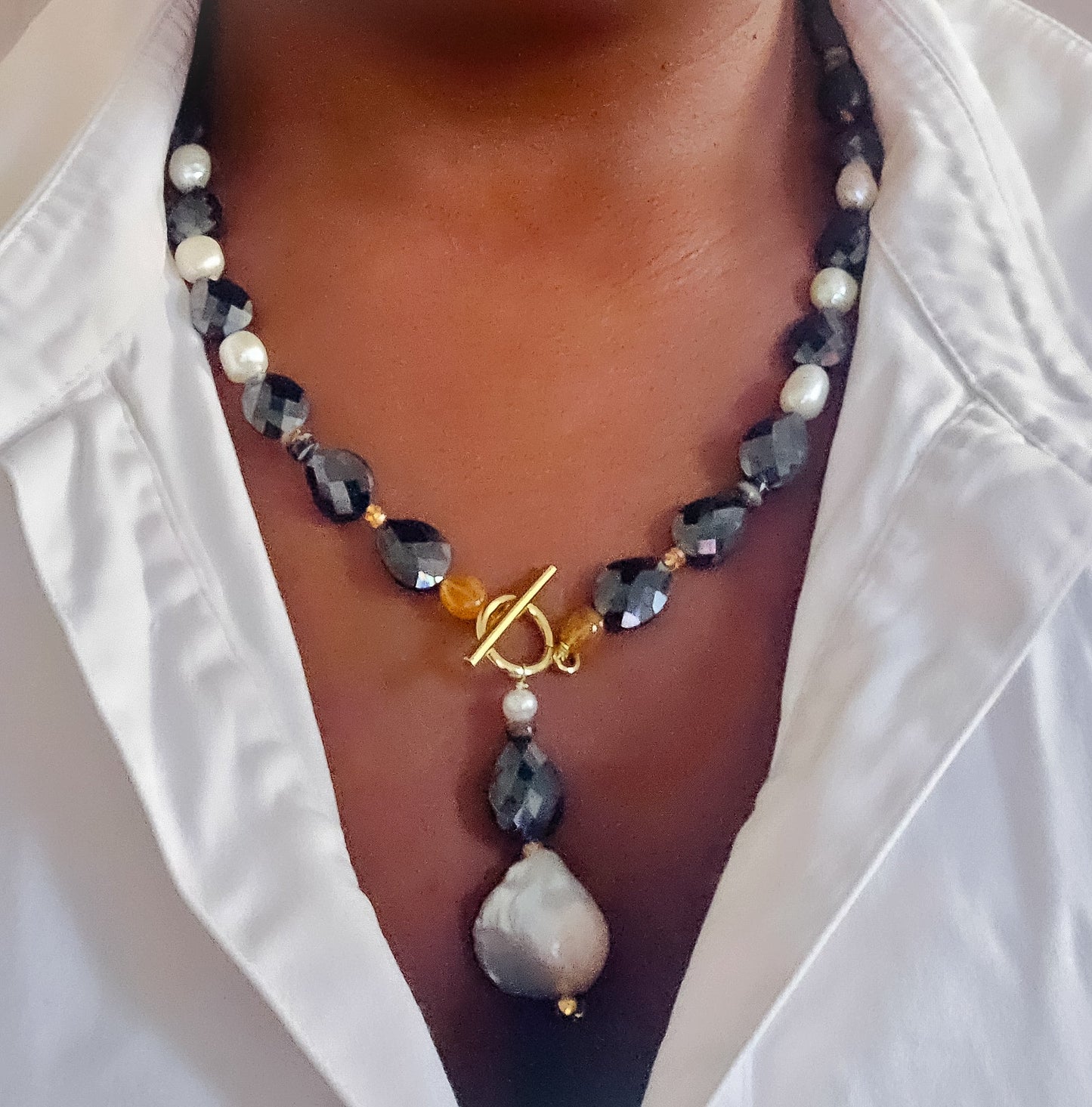 Natural Black Mossanite and Freshwater Pearl Necklace L.Signature Collection by L.Styles