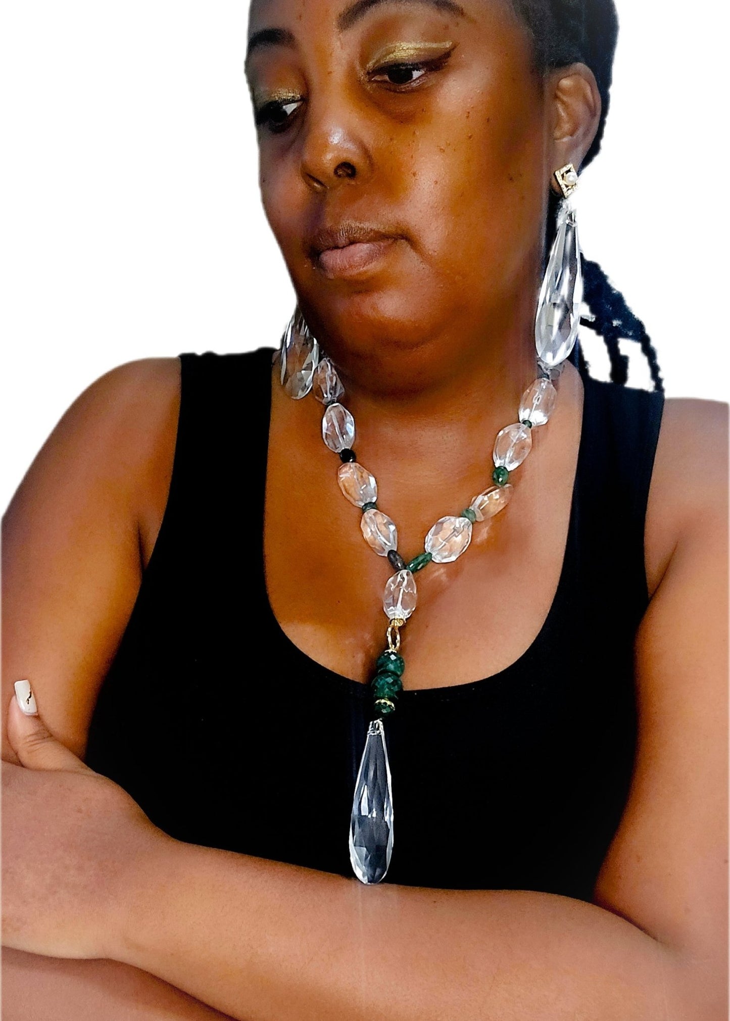 Natural Clear Quartz and Columbian Emerald Necklace - L.Signature Collection by L.Styles