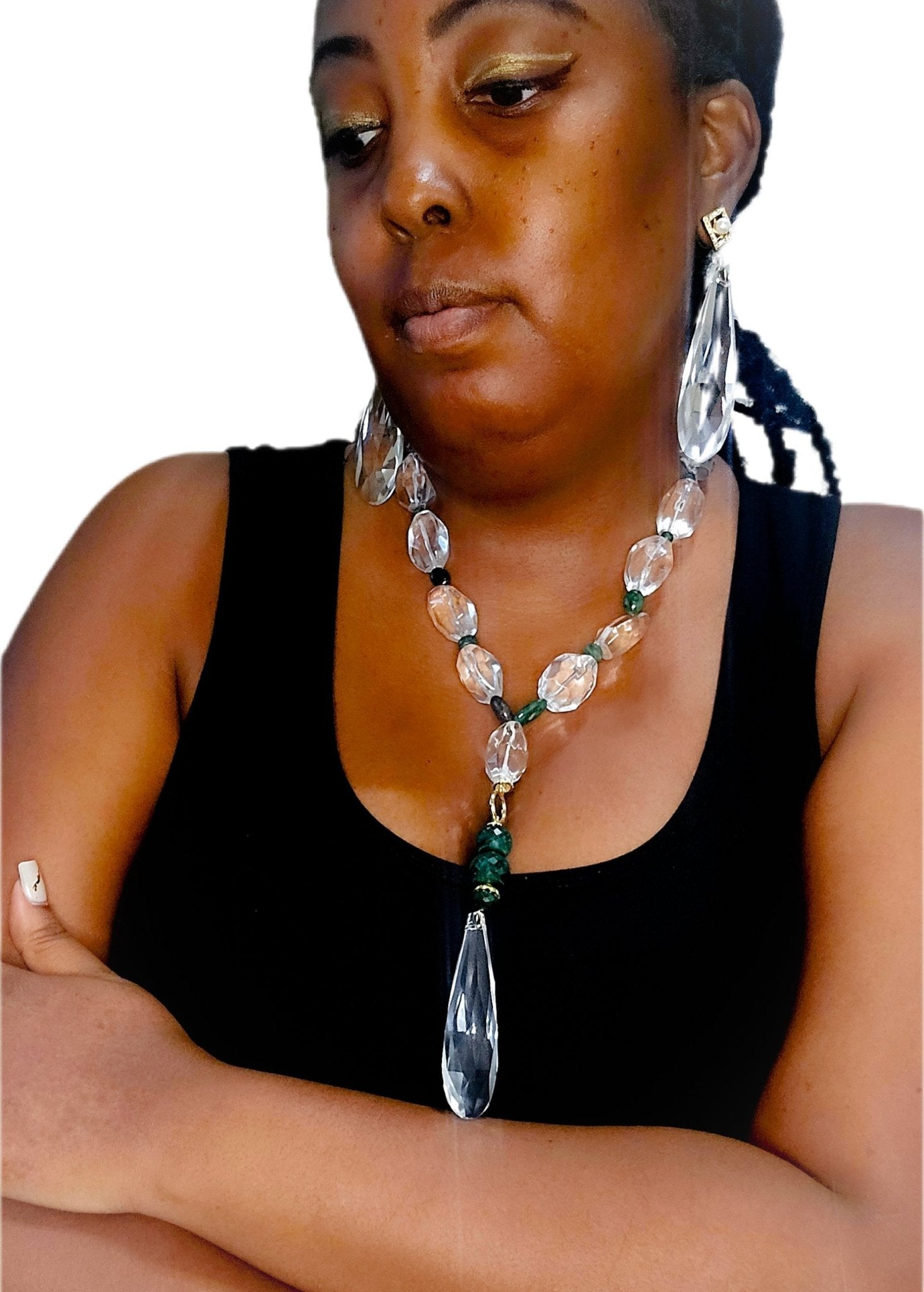 Natural Clear Quartz and Columbian Emerald Necklace - L.Signature Collection by L.Styles
