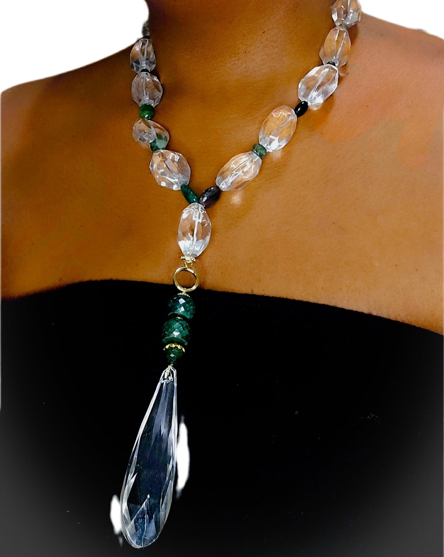 Natural Clear Quartz and Columbian Emerald Necklace - L.Signature Collection by L.Styles
