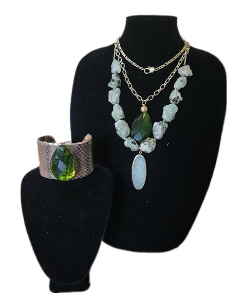 Natural Prehnite and Green Amber Layer Necklace L.Signature Collection