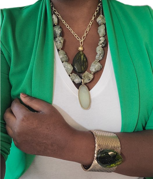 Natural Prehnite and Green Amber Layer Necklace L.Signature Collection