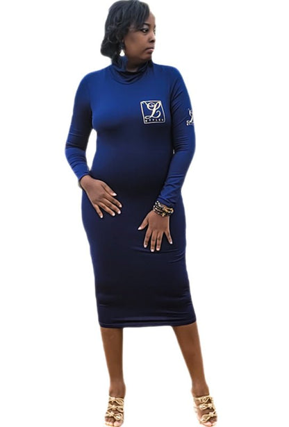 Navy Blue Turtleneck Midi Dress L.Styles, LLC