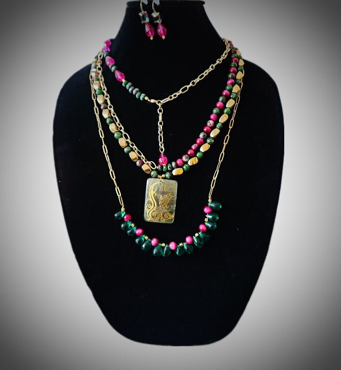 Pink Topaz and Ruby Zoisite Multi layer Necklace L.Signature Collection by L.Styles