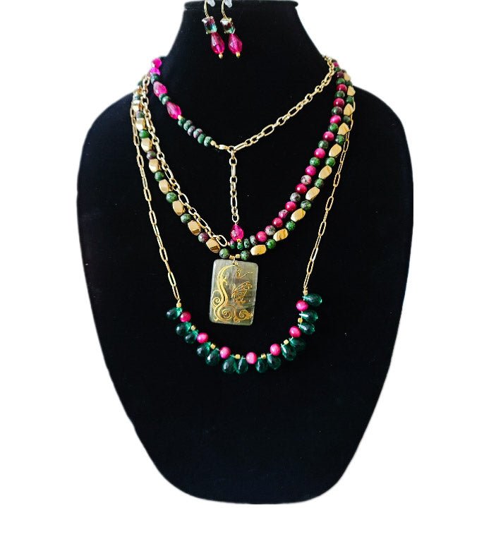 Pink Topaz and Ruby Zoisite Multi layer Necklace L.Signature Collection by L.Styles