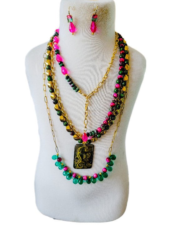 Pink Topaz and Ruby Zoisite Multi layer Necklace L.Signature Collection by L.Styles