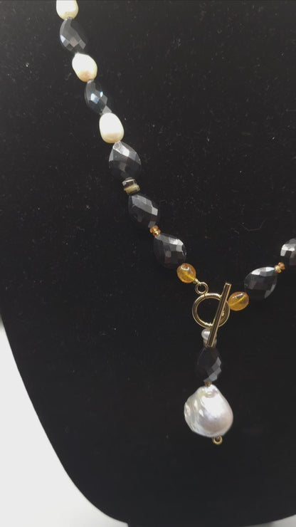 Natural Black Mossanite and Freshwater Pearl Necklace