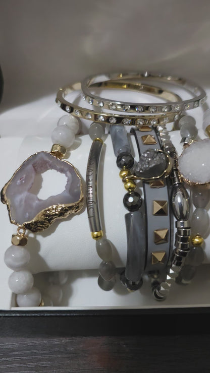 Gray Moonstone and Stripe  Agate Stacked Bracelet set