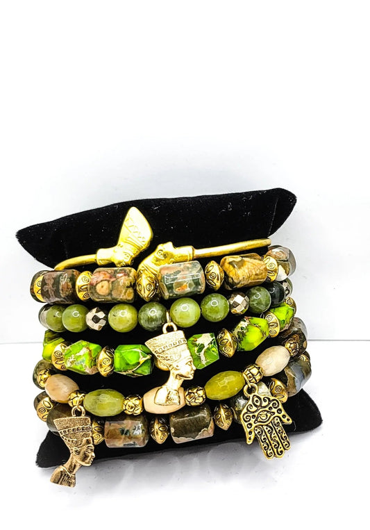 Queen Nefertiti Natural Green Sea Sediment Jasper Bracelet set L.Signature Collection by L.Styles