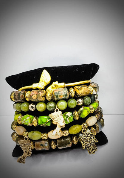 Queen Nefertiti Natural Green Sea Sediment Jasper Bracelet set L.Signature Collection by L.Styles