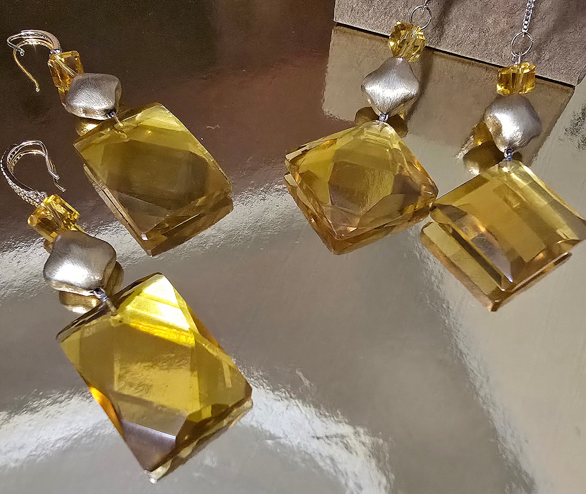 Natural Citrine and Gold over Antique Silver Diamond Drop Earring L.Signature Collection by L.Styles