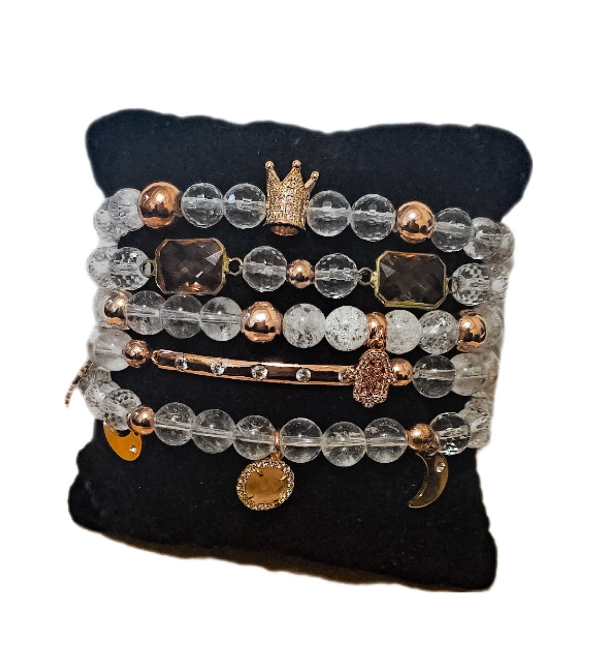 Stacked "Rose" Clear Quartz Crown bracelet set L.Signature Collection