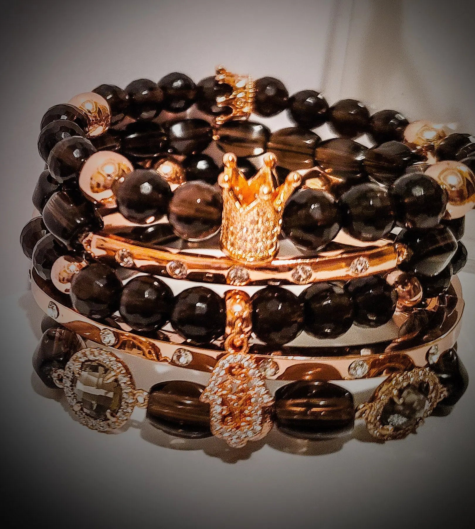 Stacked "Rose" Smoky Quartz Crown Bracelet set L.Signature Collection by L.Styles