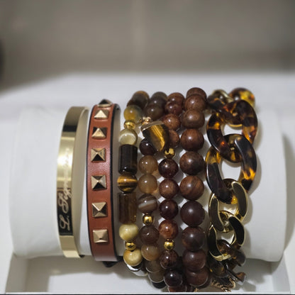 Tiger Eye and Wood Bead Bracelet set L.Signature Collection by L.Styles