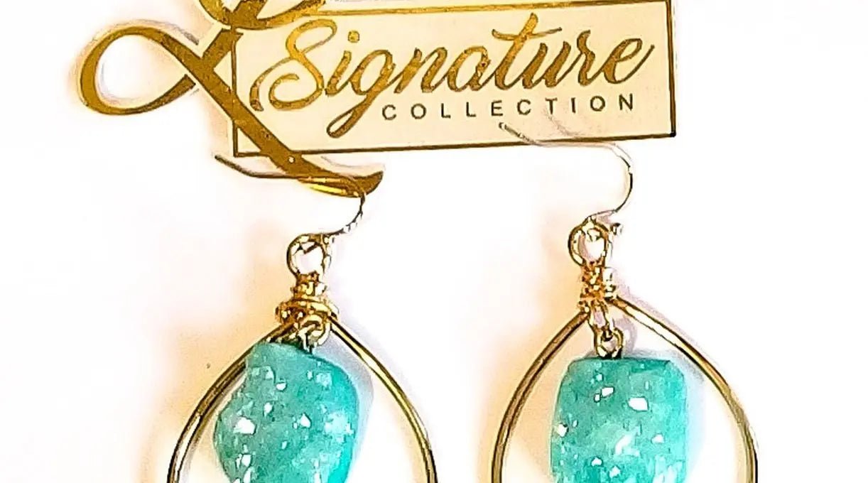 Turquoise Druzy Quartz Gold Hoop Earrings L.Signature Collection