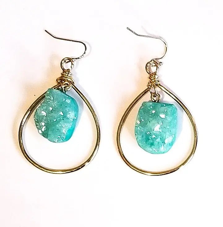 Turquoise Druzy Quartz Gold Hoop Earrings L.Signature Collection